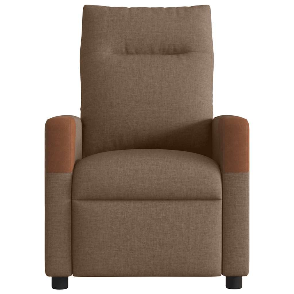 Fotel relaksacyjny elektryczny brązowy materiał z funkcją leżenia, ergonomiczny, wygodny, z podłokietnikami i oparciem z drewna, metalu, do salonu, kącika do czytania i biura