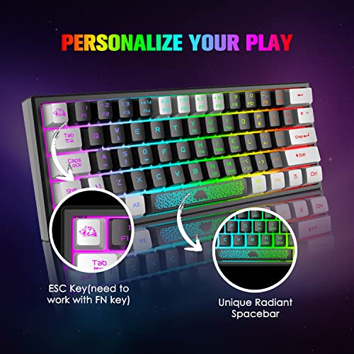 Mini 60% Teclado para Juegos, Mechanical Feel USB Cable Teclado Gaming, RGB Chroma Rainbow Retroiluminado, Compacto 62 Teclas de Colores Mezclados en Negro y Blanco, QWERTY Layout para PC Mac Laptop - imagen 5
