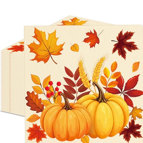50 Pcs Fall Pumpkin Leaves Paper Napkins Set 13x13 Inches Unfolded Disposable Autumn Harvest Cocktail Napkins for Thanksgiving Friendsgiving and Fall Party Table Decorations