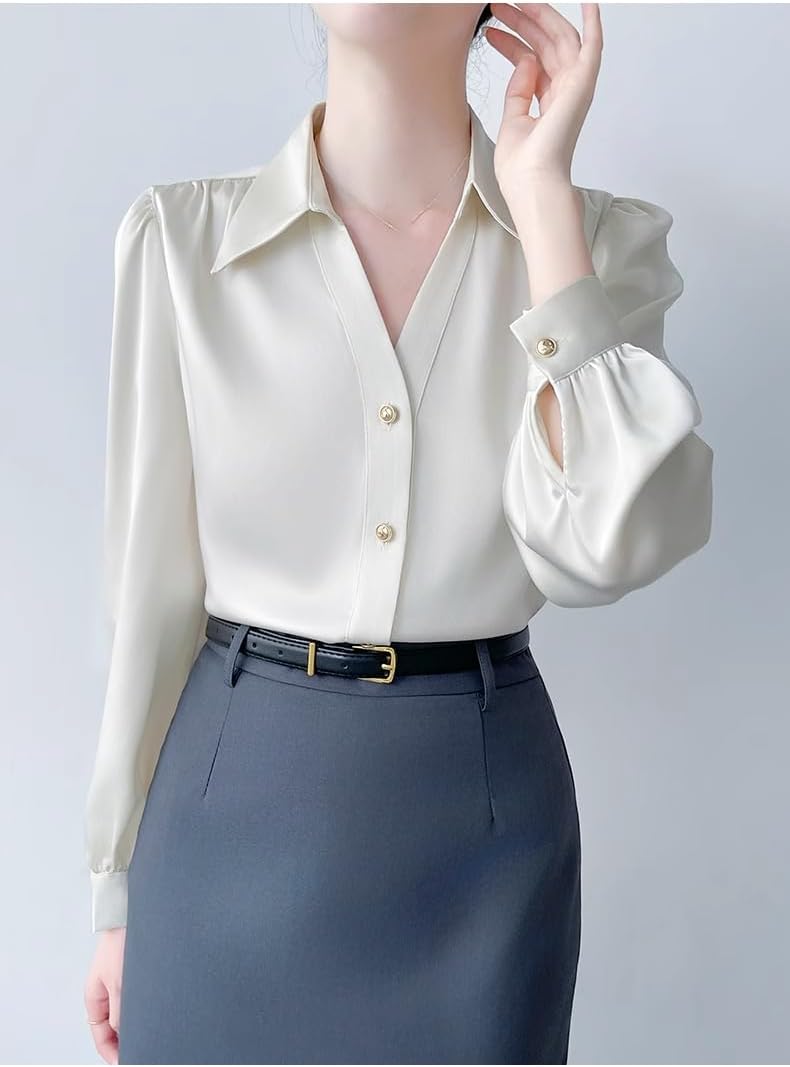 Womens Dressy Business Casual Blouse Work Office Long Sleeve Loose Fit Casual V-Neck Satin Shirt for Women