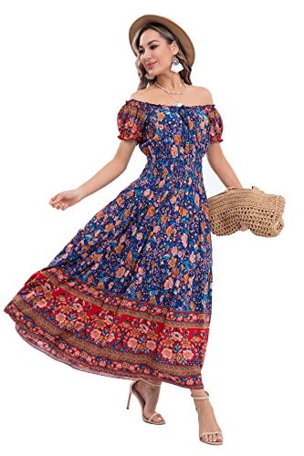 Image of OSTOO Women's Floral Maxi Dress Boho Summer Short Sleeve Smocked Waist Tiered Long Dress