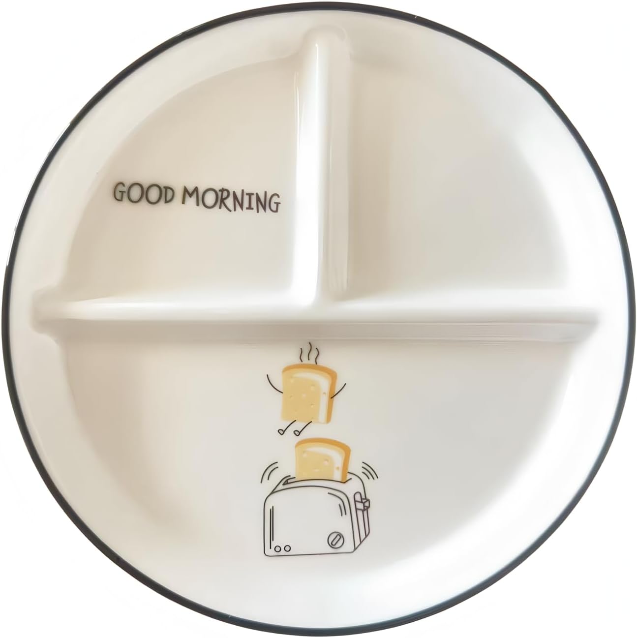 Ceramic Divided Plate, Dinner Plate with 3 Compartments and Cute Bread Pattern for Pasta, Fruit, Salad, Bread, Microwave Safe