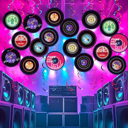 Image of Rock and Roll Record Party Hanging Swirls, 48 Pcs, Music Theme Disco Party Decorations, Vinyl Record Design for 90s Or 50s Style Rock Music Dj Party Supplies, Black and Multicolor