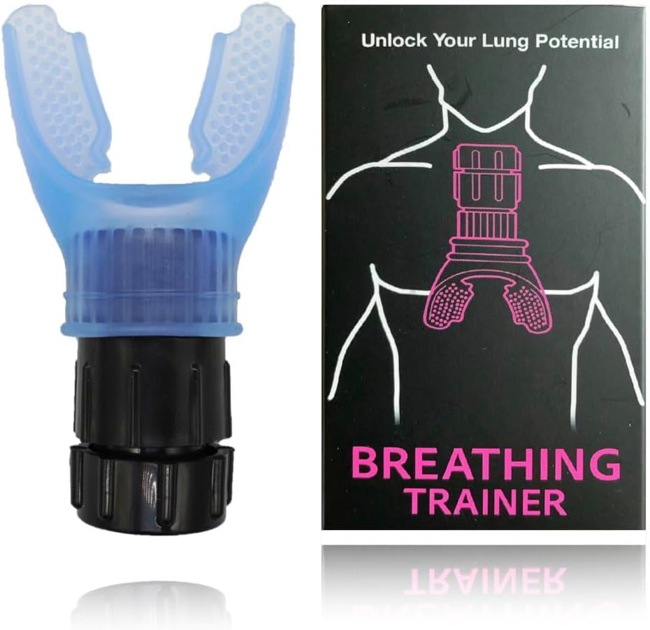 Breathing Trainer, Portable Respiratory Muscle Trainer with Adjustable Resistance, Compact Lung Exercise Device, Detachable for Easy Cleaning - Blue