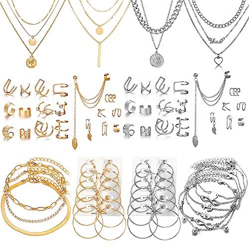CONGYING 60 PCS Gold Jewelry Set with Multi-Layered Bracelet Necklace, Dangle Earrings, Stackable Ring For Women Valentine Anniversary Jewelry Pack Gifts For Her