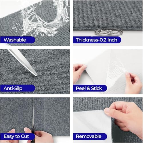 FunStick Teppichfliesen Selbstklebend Grau Teppich Wohnzimmer Abwaschbar Boden Teppichfliesen für Hause Büro Hellgrau Treppenteppich Selbstklebend PVC Bodenbelag Teppichfliesen Grau 30x30cm 5 Stück