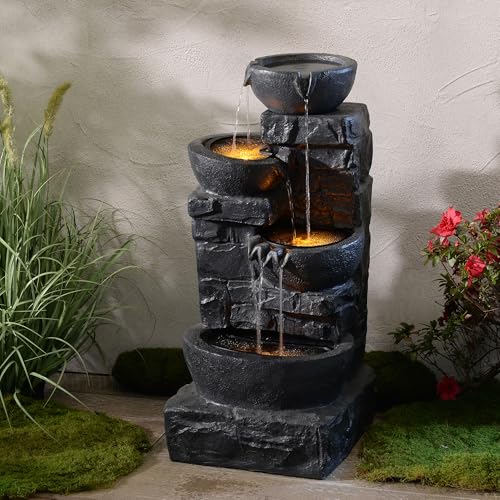 Teamson Home Garten Outdoor Brunnen 4-stufiger Kaskaden-Schalenbrunnen mit warmen LED-Lichtern, Einstellbarer Fluss, dunkelgraues Steinoptik-Finish