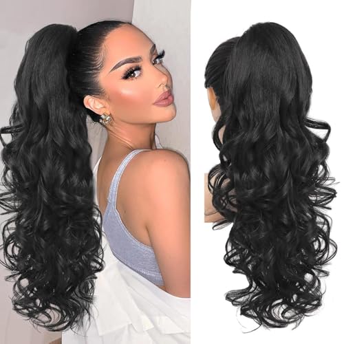 Image of 24 inch Claw Clip in Ponytail Extensions Long Black Curly Wavy Ponytail Hair