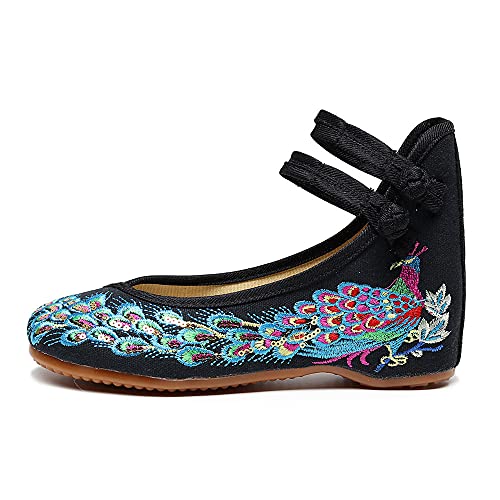 Bininbox Womens Chinese Traditional Embroidery Flats Cheongsam Walking Mary Jane Shoes Handmade Flower Embroidered Shoes(9 B(M) Us,Black) #TOP1