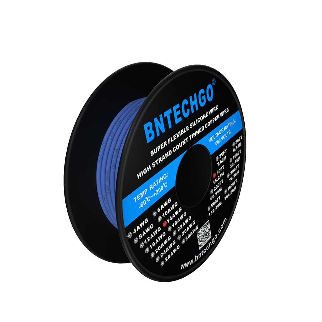 BNTECHGO Bobine de fil de cuivre étamé flexible en silicone de calibre 14, 15,2 m, bleu, 14 AWG