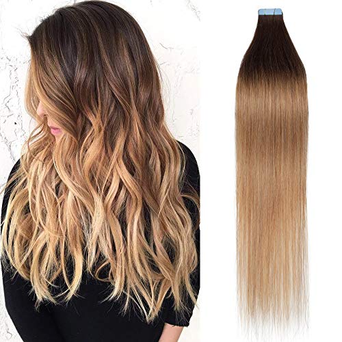 S-noilite Balayage Tape in Hair Extensions Blonde 20 Inch 50g 20pcs 100% Remy Human Hair Double Sided Rooted Seamless Skin Weft Tape on Natural Hair Extension Ombre Medium Brown&Dark Blonde #4T27