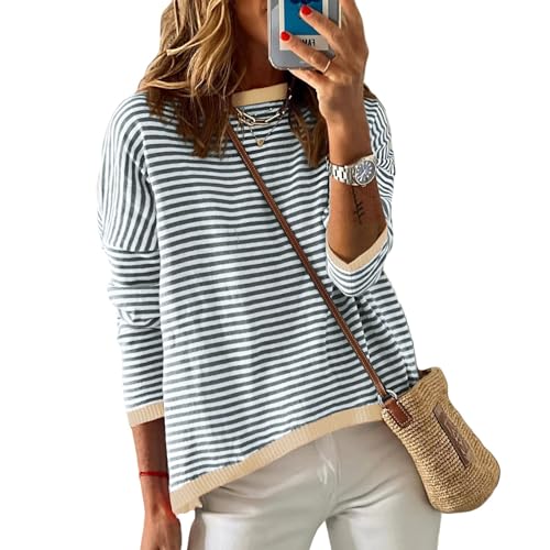 Image of Wowcarbazole Women's Pullover Sweaters Striped Long Sleeve Crew Neck Color Block Sweater Tops Casual Loose Knit Shirts