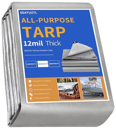 EEATUZTL Tarps Heavy Duty Waterproof 12 Mil Silver Heavy Duty Tarps with Grommets Reinforced Edges UV Resistant Tear&Fade Resistant Large Covers for Camping Patio Roof Boat Outdoors 14 * 20FT