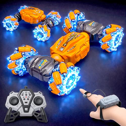 Image of VGRASSP Dual Control Twisting Drift Stunt Car Toy for Kids with Remote Control and Gesture Wrist Controller - Rechargeable 360 Rotating RC Car Toy with LED Lights, Sound Effects - Orange