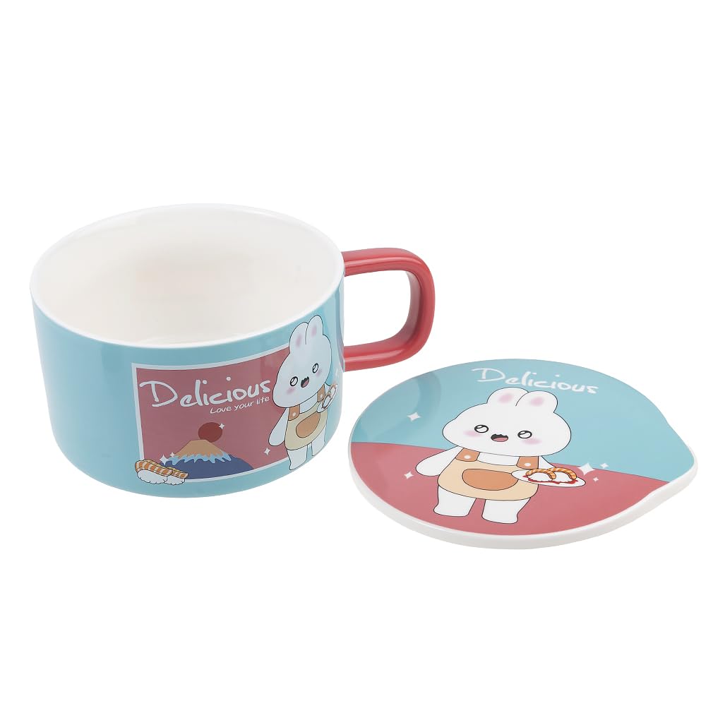 lachineuse - Nudelschale mit Sofortfunktion – asiatische Ramenschale – Porzellan – Motiv Kaninchen – 1000 ml – Deckel & Besteck – Frühstück, Suppe, Reis – Geschenkidee Asien Japan China – Himmelblau