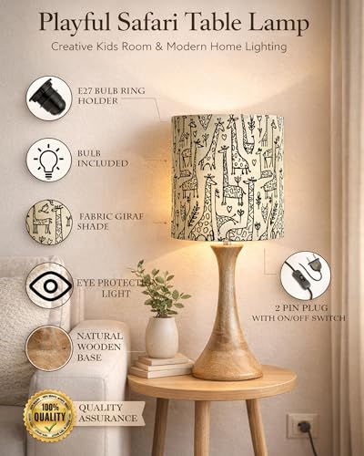 Image of Homesake Rustic Wood Table Lamp Bedside Wooden Desk Lamps for Living Bedroom Study Night, Kids Room, House Warming Festival Gift, Kids Room Decor Light, Savanna Shade