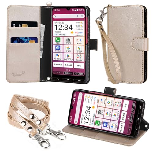 wisers BASIO active3 KYG04 対応 手帳型 スマホケース (ゴールド) 牛革調PUレザー (カードホルダー/スタンド機能付き) ストラップ 2種付き (ハンドストラップ/ネックストラップ) 2025年 新型