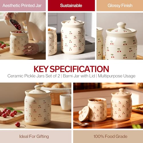 Image of Cherry Printed Ceramic Handglazed Pickle Jars Set of 2-1000 ML Each | 1 kg Achaar Martban Barni Jar with Lid | Ceramic Storage Jar Container Pickle /Achar, Chatney