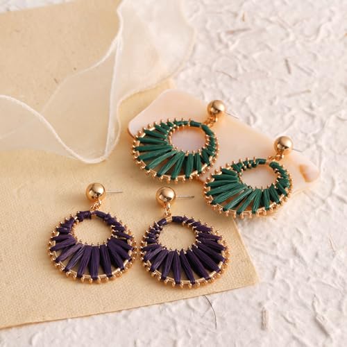 Viva Joya Boho Raffia Teardrop Earrings for Women, Large Statement Drop Dangle Earrings for Prom, Aesthetic Fashion Trendy Jewelry, Handmade Woven Beach Bridal Shower Earrings4