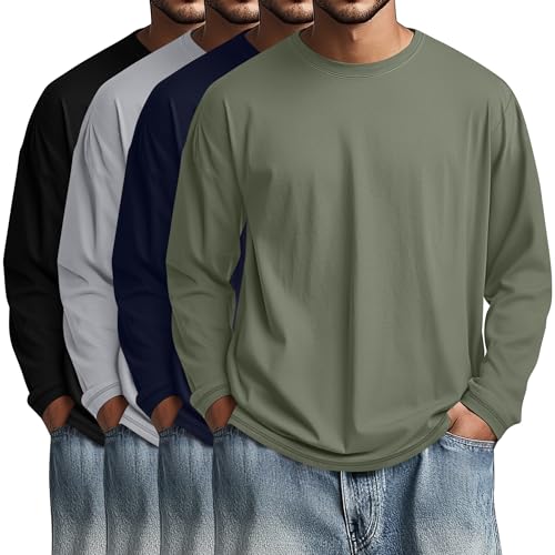 Image of August Alley 4 Pack Men's Big and Tall Cotton Shirts L-7XL, Long Sleeve Oversized Tops Loose Casual Large T-Shirts Basic Tee