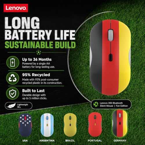 Image of Lenovo 350 Bluetooth Silent Mouse (Fan Edition), Wireless Ergonomic Ambidextrous Design, Bluetooth 5.3, Adjustable DPI up to 2400, 36 Month Battery Life, Recycled Materials, German Flag