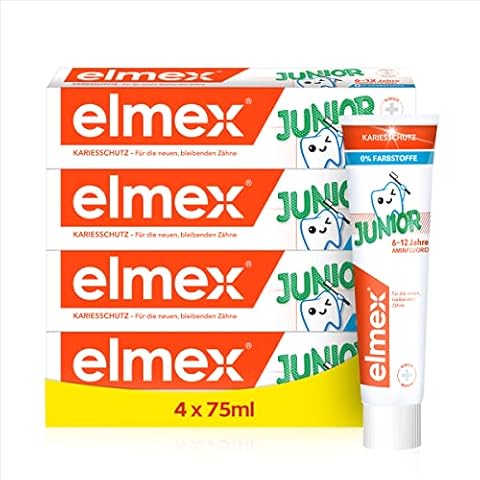 elmex Zahnpasta Junior 6-12 Jahre, 4x75 ml - Zahncreme für Kinder von 6-12 Jahren mit mildem Geschmack, wirksamer Kariesschutz Cover