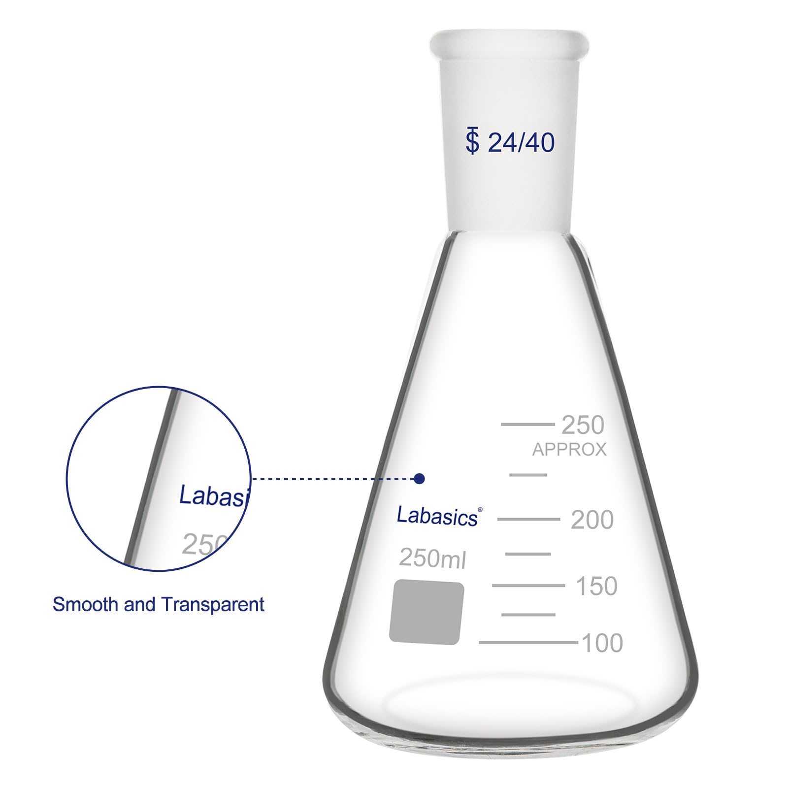 Labasics Vidrio 24/40 Erlenmeyer Matraz, Borosilicato Pared Gruesa, 250 ml