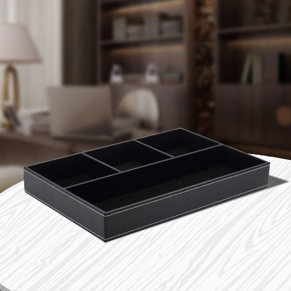 4 Compartments Leatherette Valet Tray Desk Dresser Top Organizer Box for Wallets Keys and Jewelry (Black)