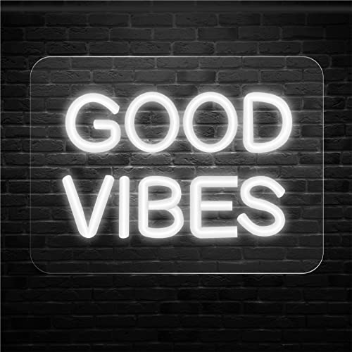 Image of WHITE-LED-GOOD VIBES-NEON SIGNS-NEON LIGHTS-WALL DECOR-BEDROOM DECOR-USB POWERED (6 inch X 8 inch) (Good Vibes)