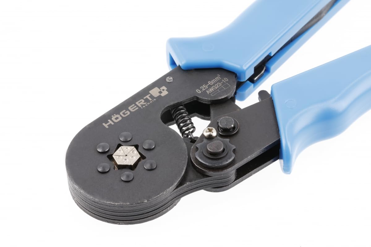 HÖGERT TECHNIK Szczypce zaciskowe do tulejek cienkościennych, 0,25-6,0 mm² (23-10 AWG), 175 mm, narzędzie do wyciskania sześciokątnego, wytrzymała konstrukcja i ergonomiczny uchwyt zapewniają