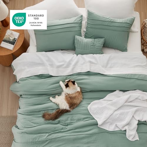 Image of Bedsure Queen Comforter Set - 4 Pieces Pinch Pleat Bed Set, Sage Green Boho Bedding for All Season, 1 Soft Comforter, 2 Pillowcases, 1 Decorative Pillow