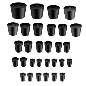 Laboratory Grade Rubber Stoppers, 30 Pieces Assorted Tapered Bungs Set, 11 Different Sizes from 000# to 8#, Solid Black Lab Supplies