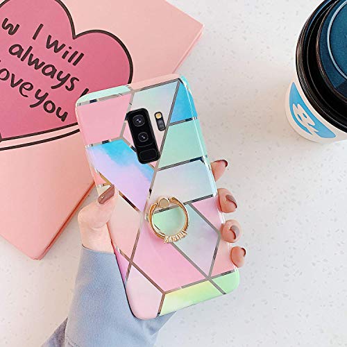 Saceebe Compatible with Galaxy S9 plus Silicone TPU,Glittered case TPU Soft Silicone Marble Pattern Soft Shell TPU with Finger Ring Bracket Protective Shell Case Cover [Anti-Scratch],Pink blue