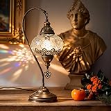 Mozaist Turkish Lamp, Swan Neck Mosaic Table Lamp, Moroccan Decorative Glass Antique Bohemian Vintage Lamp Shade, Tiffany Desk Bedside Stained Glass Lamp with US Plug and E12 Socket