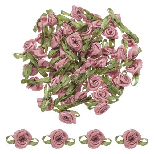 QUARKZMAN 30Pz Mini Rose Finte Rosso Cuoio 1.5x3cm Fiori Artificiali Mini Rose Nastro Piccole in Raso Finti per Decorazioni Cucito Applicazioni Lavoretti Fiori Miniaturizzati
