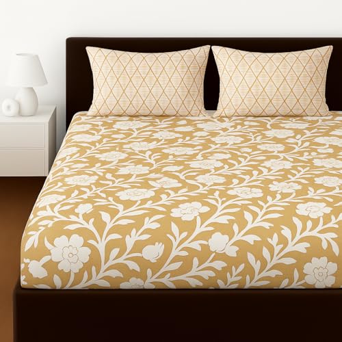 Image of Elastic Fitted Bedsheets with 2 King Size Pillow Covers | Double Bed with All Around Elastic, Size 72 x 78 x 8 Inches (Yellow White Floral)