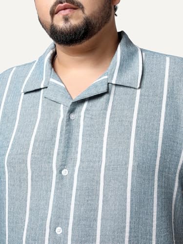 Image of Urbano Plus Men's Cotton Half Sleeve Relaxed Fit Linen Striped Shirt with Cuban Collar