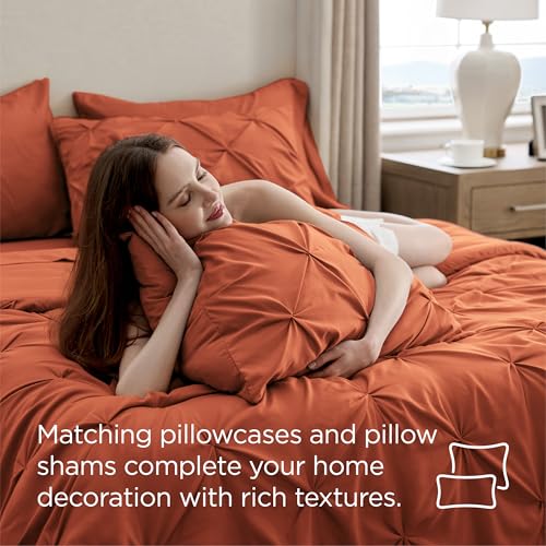 Image of Bedsure King Size Comforter Set Burnt Orange - Bed in a Bag Bedding Set 7 Pieces, GentleSoft Pintuck Bed Set Gift for Family, All Season Down Alternative Comforter with Sheets, Pillowcases & Shams