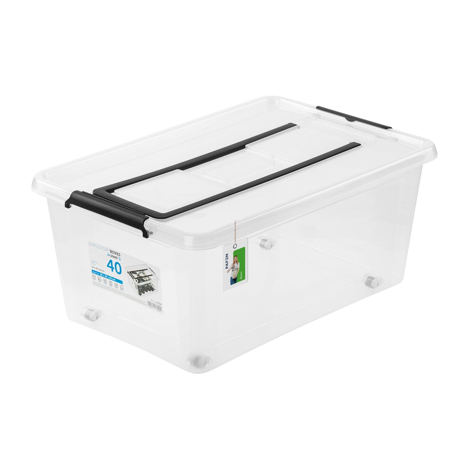 PAFEN 4x Unterbettkommode Aufbewahrungsbox 40L mit Rollen und Griff - 38,5 x 25 x 58 cm - Transparent Boxen Aufbewahrung Stapelboxen mit Verschlussclips Kunststoffbehälter