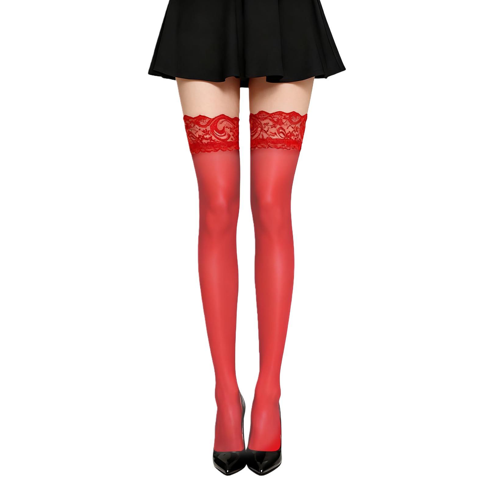 Pryon Stockings for Women,Thigh High Stockings Sexy Lace Top Anti-Skid Long Socks Knee Stocking Womens Sock Naughty Leg Costumes (UK, Alpha, One Size, Regular, Regular, Red)