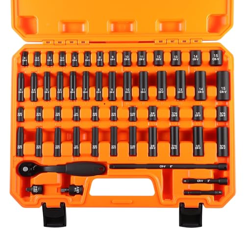 Pamatio 1/4 Drive Impact Socket Set, 56 pcs Deep Impact Socket Set, 8mm - 24mm, Metric, 6 Point, CR-V Steel Socket Set, 1/4 Drive Ratchet Handle, 3 and 8 Drive Extension Bar