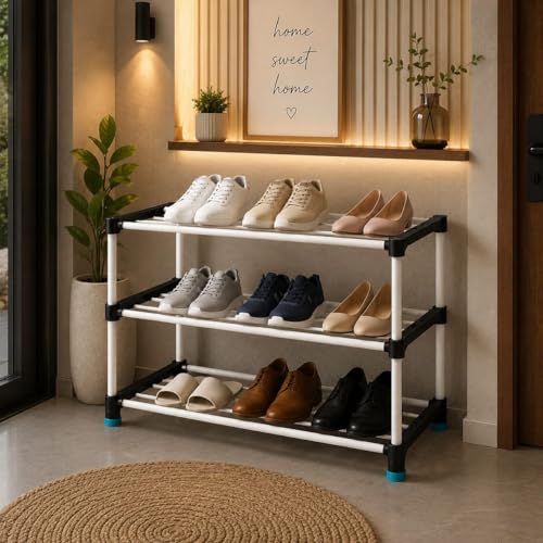 Image of 3 Layer Shoe Rack for Home, Portable Footwear Organizer, Foldable Shoe Storage Rack, Durable Metal Frame Shoe Shelf for Closet Bedroom and Entryway (3)