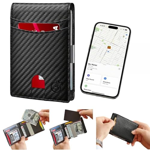 SMART CC Men Wallet with Tracker Work with Apple Findy(iOS only), Wallet Traker with Money Clip (Carbon Black 3)