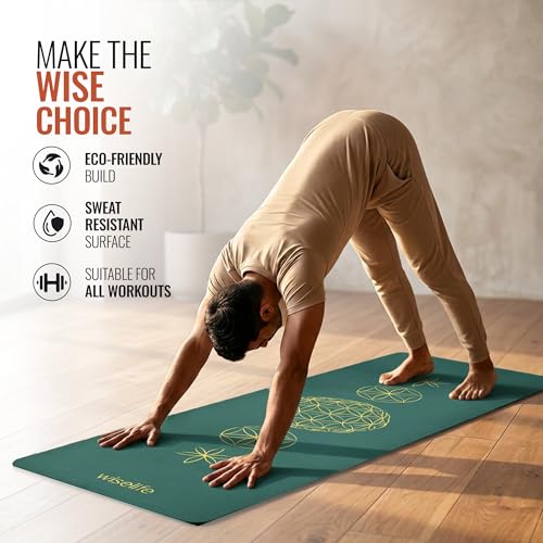 Image of Wiselife TPE Printed 6MM Yoga Mat + Yoga Strap For Men, Women, Kids | Anti-Slip Extra thick, Long & Wide Exercise Sports Mat For Workout, Fitness, Yoga, Gym, Home & Pilates (Flower of life- Green)