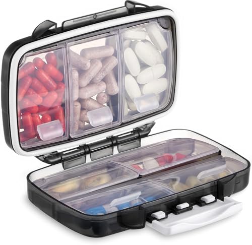 Fullicon Pilulier semainier de Voyage – Boîte médicaments rangement 7 jours – Étanche et Anti-Humidité – Pilulier journalier pour pilules, vitamines et huile de foie de morue (Noir)
