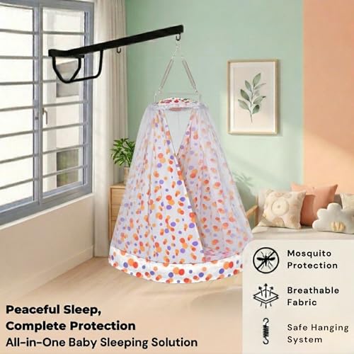 Image of VParents Sleeping Essentials Set with Mosquito Net, Spring & Window Stand (Orange) | Polka Dots