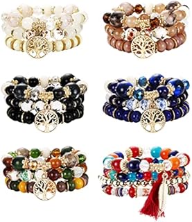 JeryWe 44 Pcs 6 Set Boho Beaded Bracelets for Women,Multi-Layer Stretch Bangles Charm Tassel Bracelet Stackable Elastic Bracelet