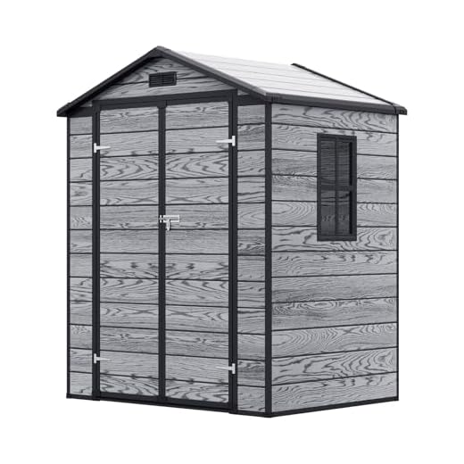 XEMQENER Plastic Garden Storage Shed with Floor - 5.5x4 FT Waterproof Outdoor Lockable Garden Shed with Window for Gardening Tools & Equipment, 170x123x210cm, Wood Grain Dark Grey
