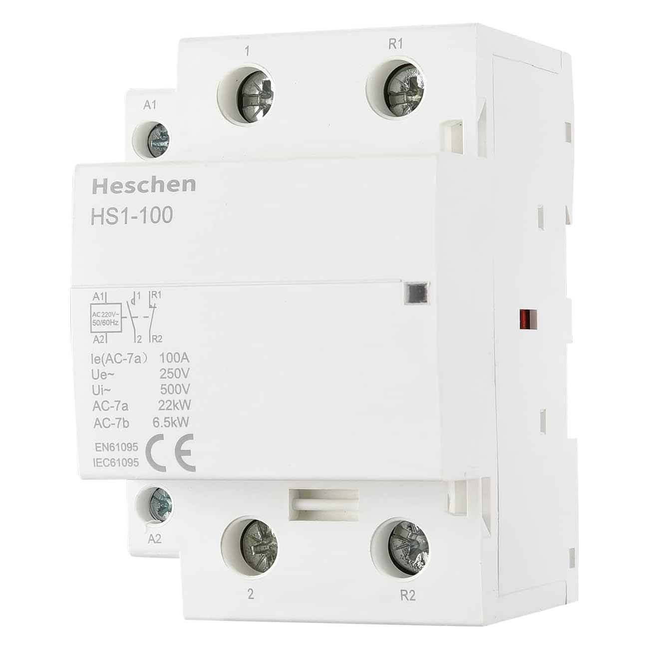 Heschen Contactor de CA para el hogar, HS1-100, Ie 100A, 2 polos 1NO 1NC, voltaje de bobina AC 220/230V, montaje en riel DIN de 35mm
