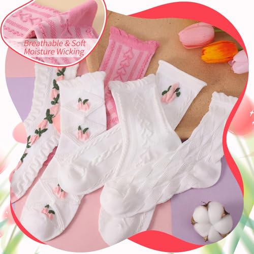 Image of Jspupifip 6 Pairs Lace Ruffle Frilly Crew Socks for Women Girls | Cotton Breathable Cute Princess Ankle Dress Lace Socks Thin Cool Casual Socks
